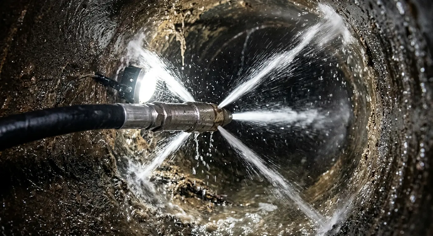 High-pressure hydro jetting nozzle cleaning sewer pipe for Trenchless Sewer Repair in Flossmoor