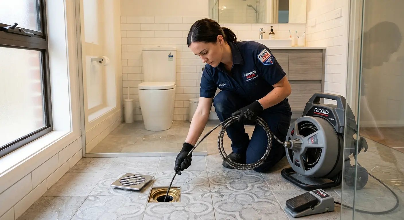 Technician clearing a bathroom floor drain for Hydro Jetting in Flossmoor